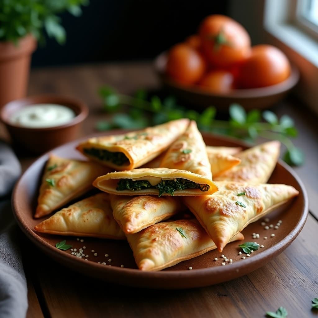 Empanadillas veganas doradas y crujientes rellenas de hongos shiitake y espinacas, con semillas de sésamo tostadas por encima. Plato rústico de madera con fondo oscuro, ideal para aperitivos saludables.