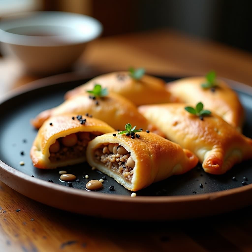 Empanadillas japonesas doradas y crujientes rellenas de hongos shiitake y miso, espolvoreadas con semillas de sésamo negro, servidas en un plato de madera con salsa de miso al lado. Receta umami en Airfryer.