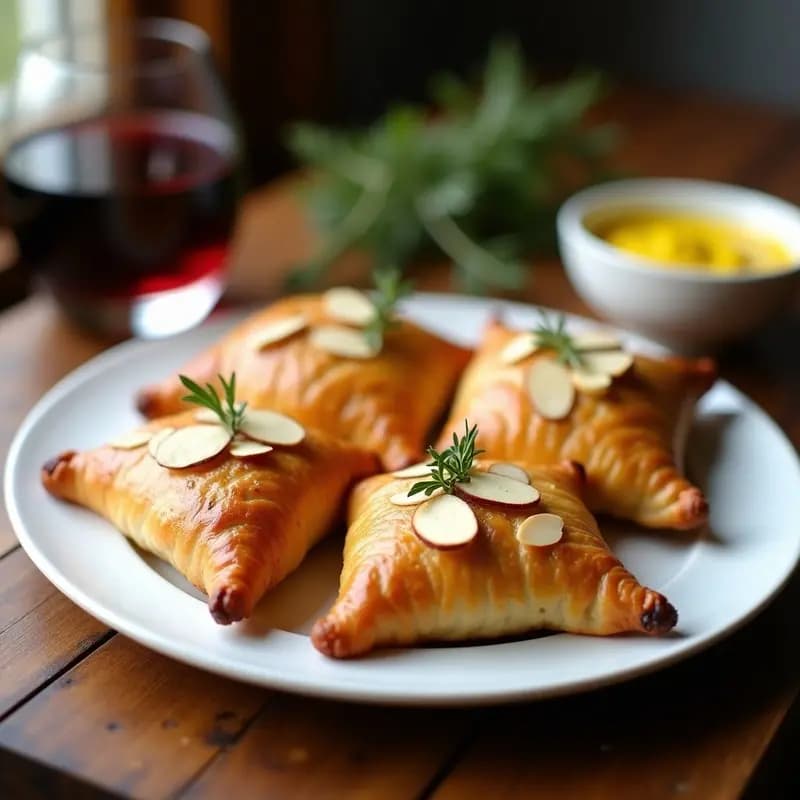 Empanadillas doradas y crujientes de hojaldre integral rellenas de hongos portobello y trufa, servidas en una fuente de cerámica blanca con almendras fileteadas en la superficie y hierbas frescas de decoración. Aperitivo francés gourmet en airfryer.
