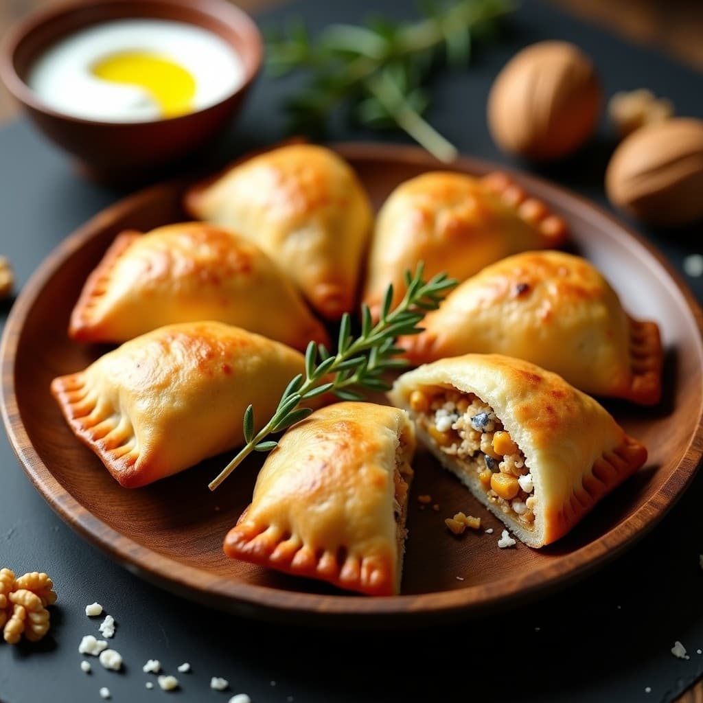 Empanadillas doradas y crujientes rellenas de jackfruit desmenuzado y queso azul vegano, servidas en un plato de madera con hierbas frescas y salsa de yogur. Receta de fusión española en olla exprés.
