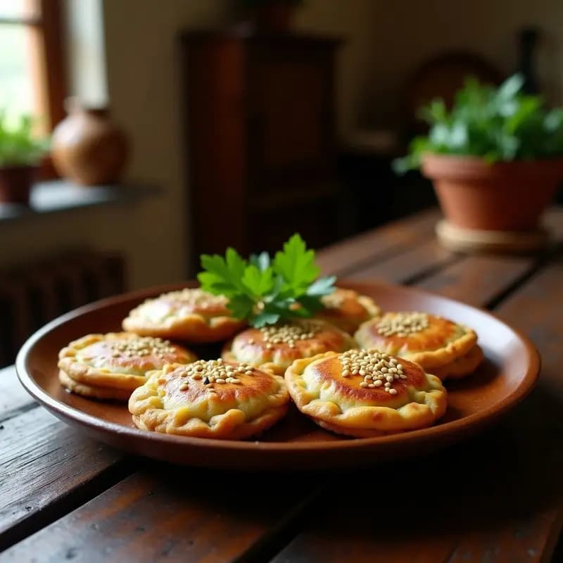 Empanadillas doradas de harina de lenteja con relleno de berenjena asada, decoradas con semillas de sésamo, servidas en un plato de madera rústico con hojas de perejil fresco y un fondo borroso de cocina española tradicional.