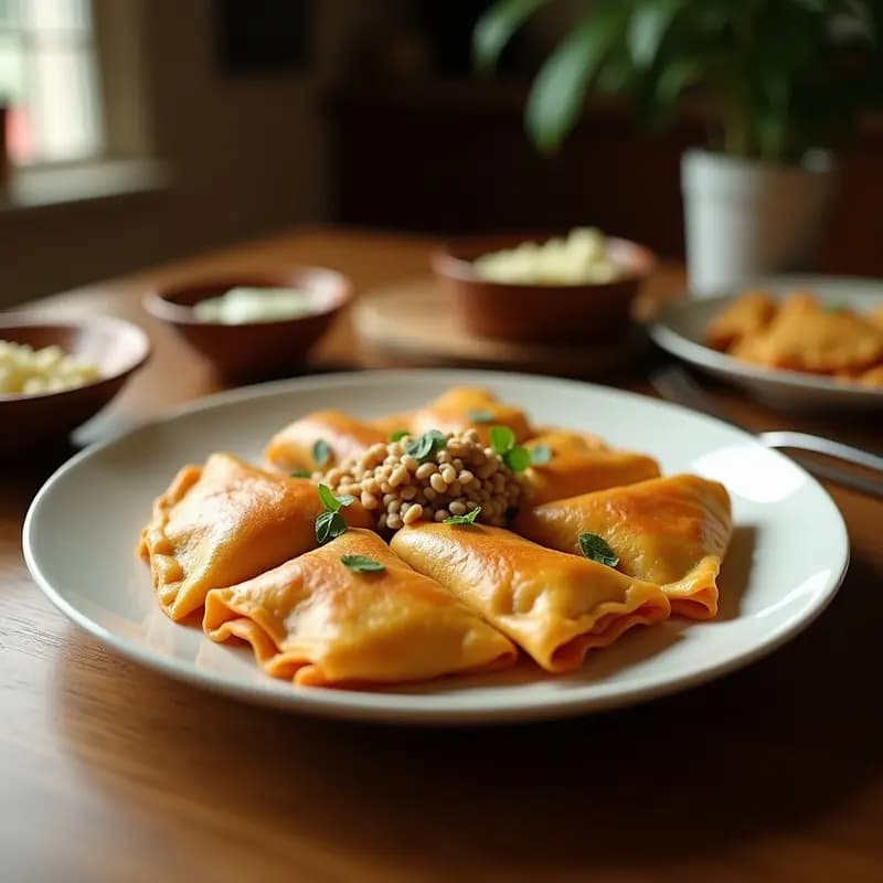 Empanadillas doradas de masa integral rellenas de lombarda morada y pasas, dispuestas en un tupper de cristal con papel de horno. Detalle de los bordes sellados con tenedor y el brillo del huevo batido.
