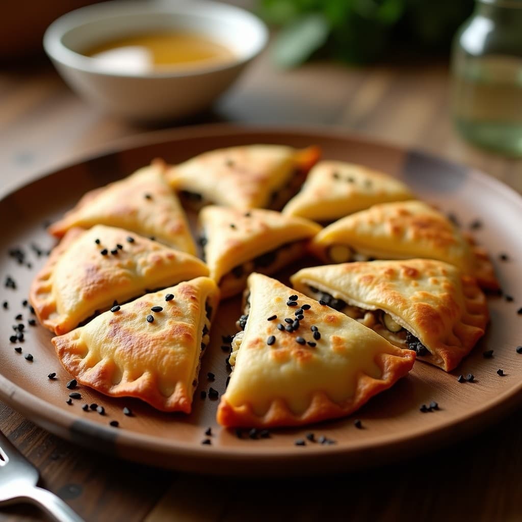Empanadillas doradas y crujientes en forma de media luna, rellenas de hongos maitake y queso de cabra vegano, con semillas de sésamo negro por encima. Servidas en un plato de madera rústico con un fondo borroso de cocina moderna.