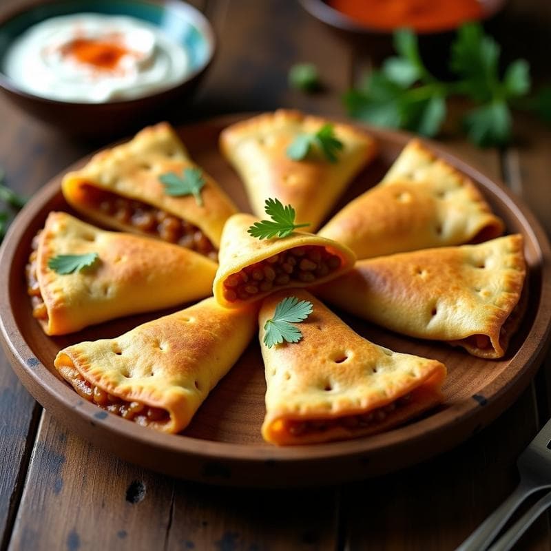 Empanadillas de maíz doradas y crujientes rellenas de picadillo de lentejas, con un toque cubano, servidas en un plato de madera rústico con salsa de yogur vegano al lado. Receta vegana en airfryer.