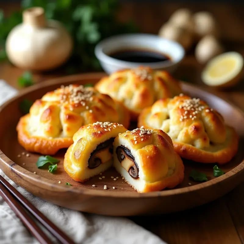 Empire de empanadillas doradas de masa de coliflor rellenas de hongos shitake, con semillas de sésamo por encima, servidas en una bandeja de madera con un toque de jengibre y salsa de soja al lado. Receta china low-carb.