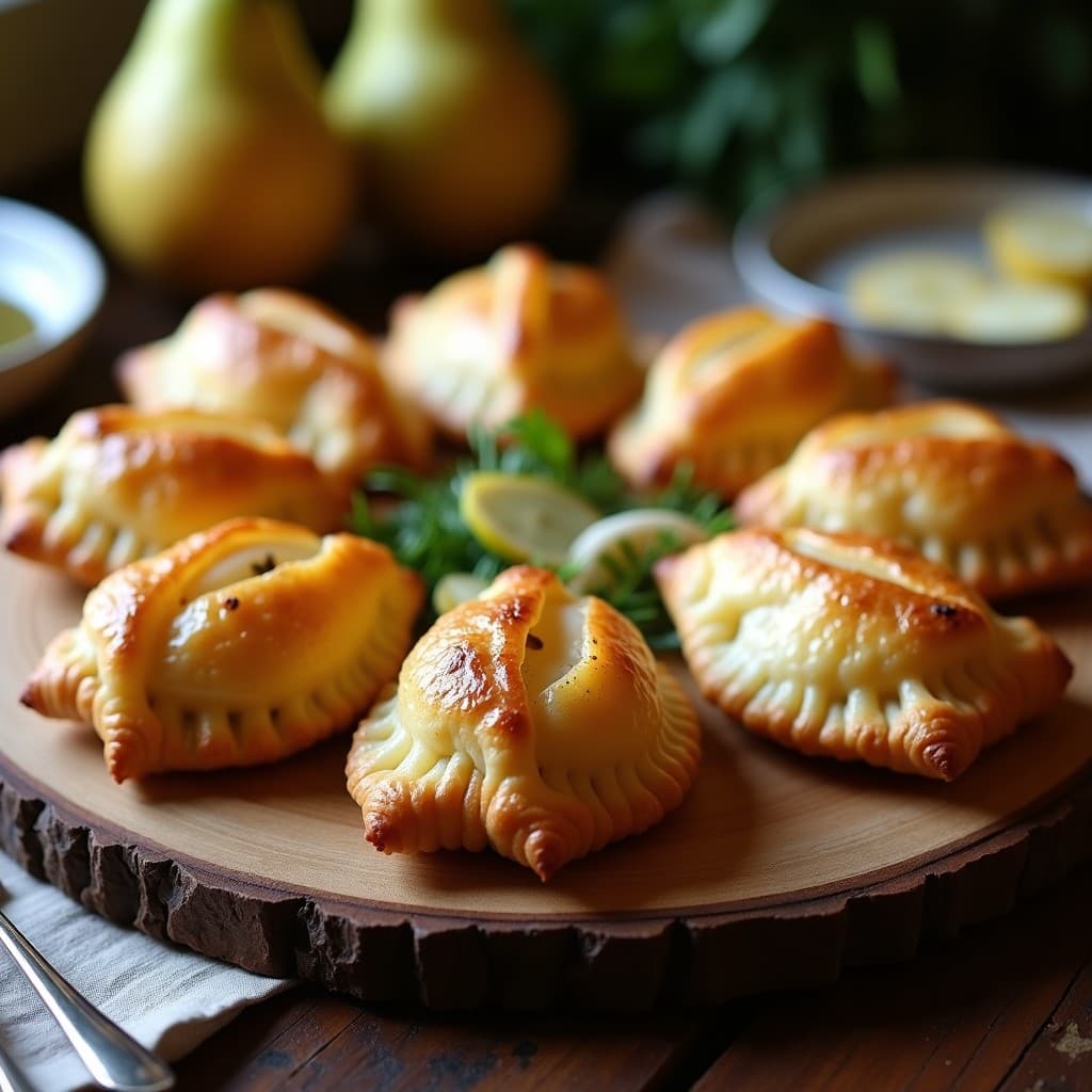 Empanadillas doradas y crujientes de masa de coliflor rellenas de queso azul desmenuzado y peras caramelizadas, servidas en una bandeja de madera rústica con hojas de romero y almendras fileteadas como decoración. Receta francesa keto con contraste de sabores dulce-salado.