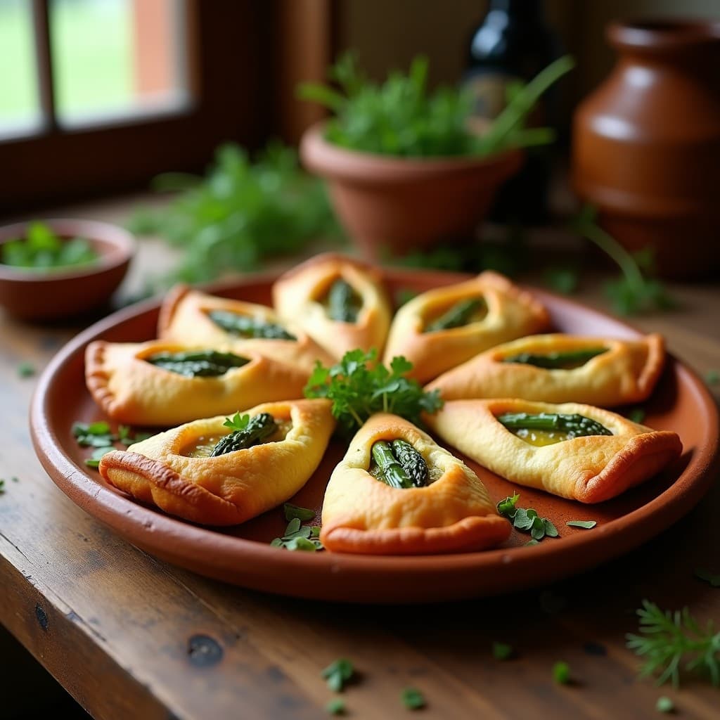 Empanadillas doradas y crujientes de masa de garbanzo rellenas de espárragos trigueros y alcachofas, servidas en una fuente de barro rústica con ramitas de hinojo fresco y aceite de oliva virgen extra, aperitivo andaluz sin gluten.