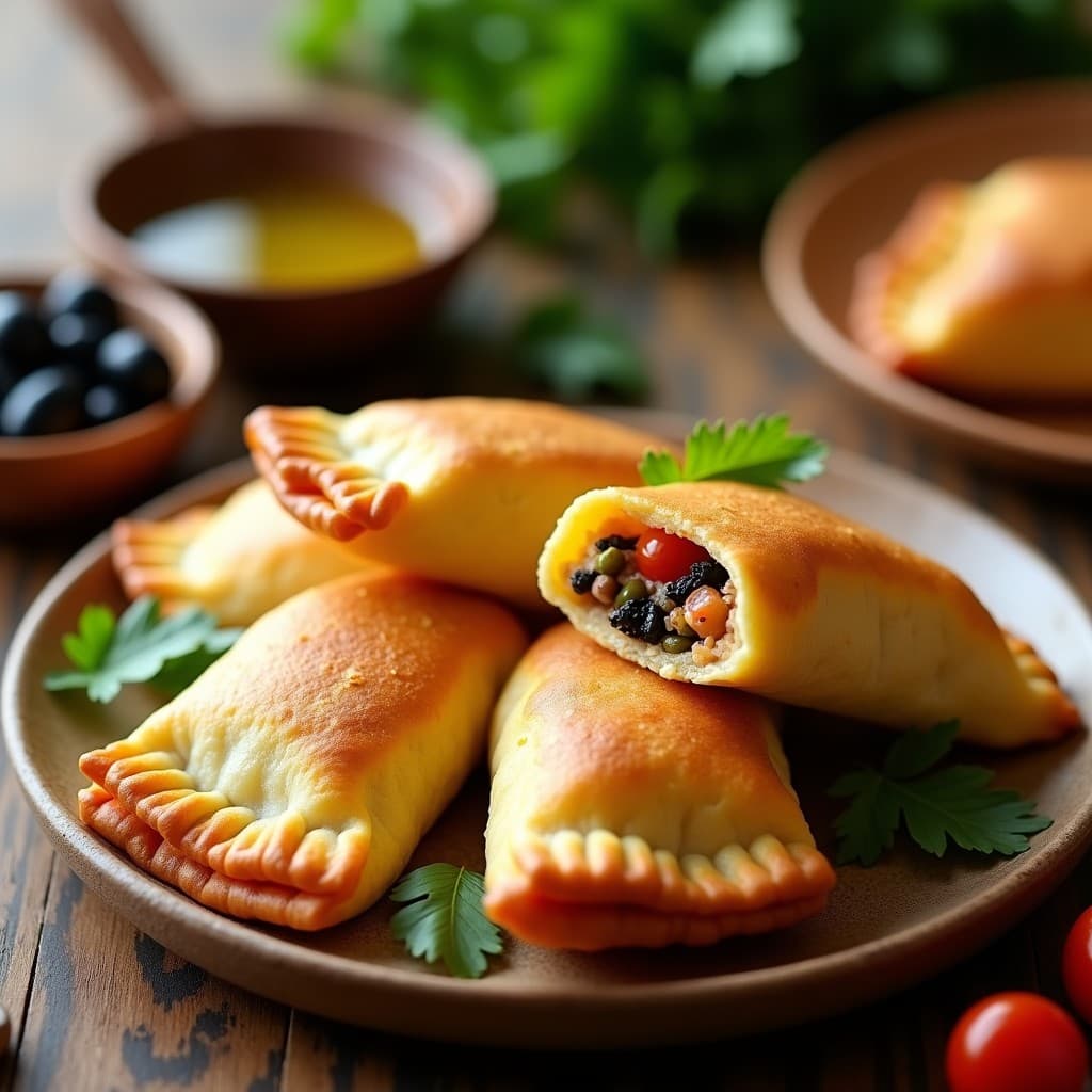 Empanadillas doradas y crujientes de masarepa rellenas de Hobz Biz-Zejt, con bordes sellados con tenedor, servidas en un plato de madera rústico con hierbas frescas y un fondo de aceitunas y tomates secos.