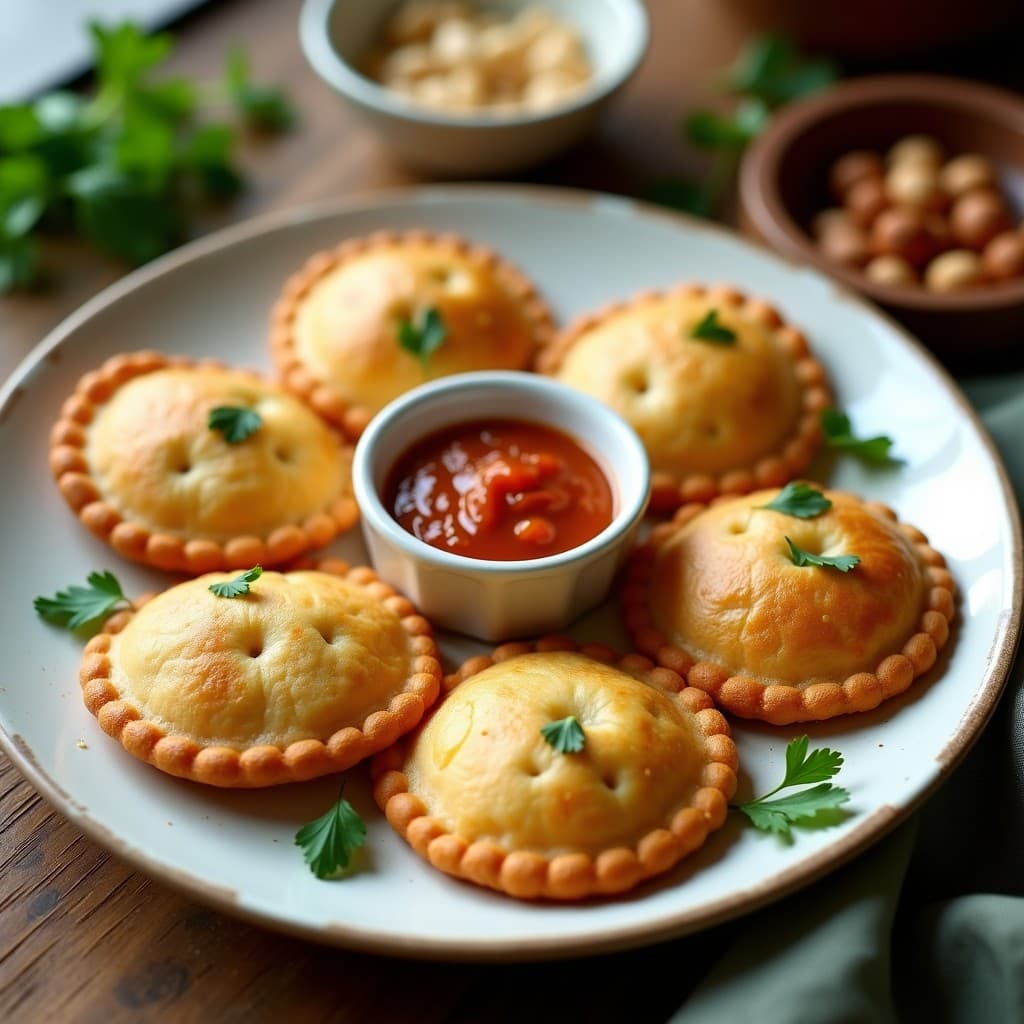 Empanadillas doradas y crujientes de mijo rellenas de alcachofa, servidas en un plato de cerámica blanca con salsa romesco en un bol pequeño al lado. Decoradas con perejil fresco y un hilo de aceite de oliva virgen extra.