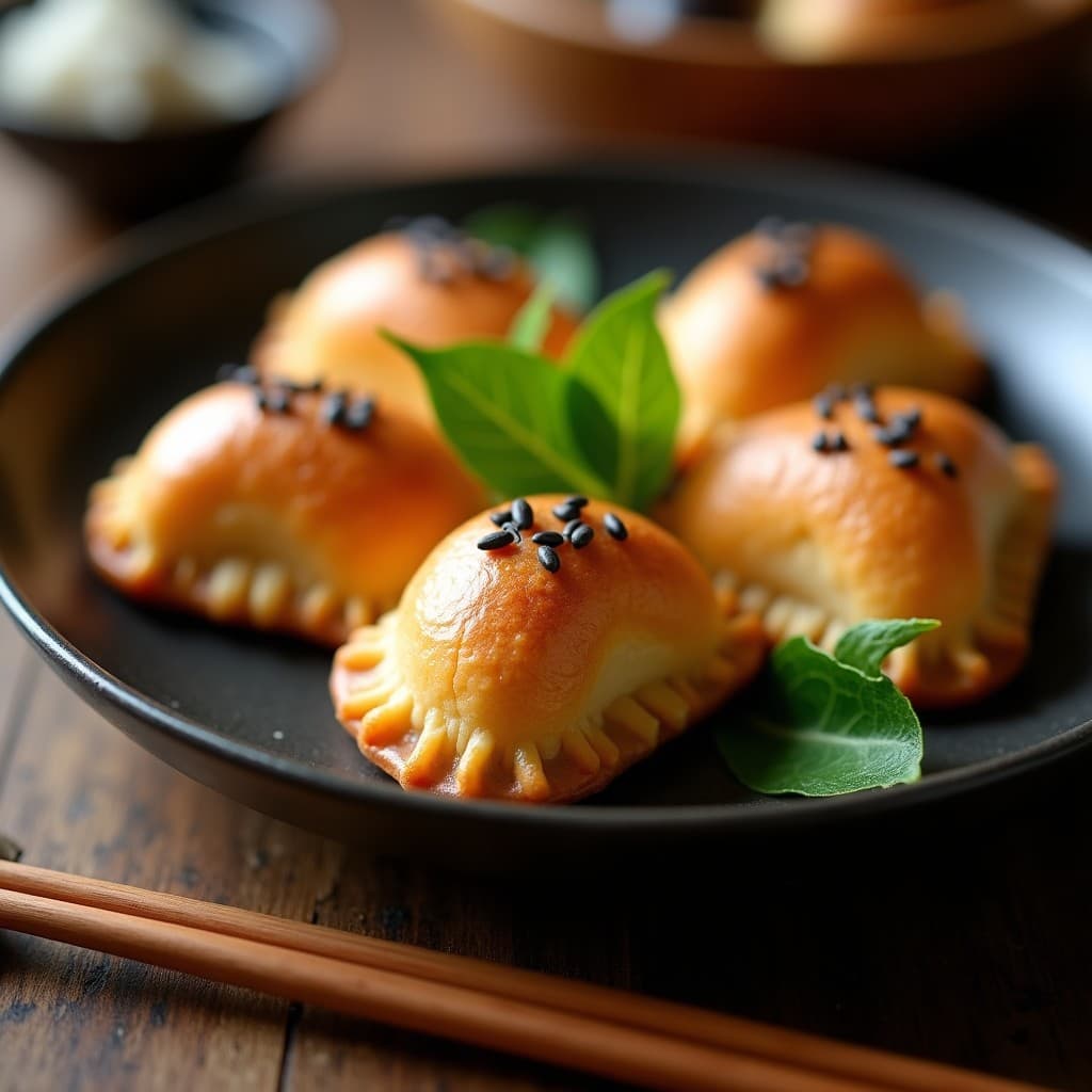 Empanadillas doradas y crujientes de mijo rellenas de champiñones shiitake, con semillas de sésamo negro por encima, servidas en un plato de cerámica oscura con hojas de shiso verdes como decoración, receta japonesa en Thermomix.
