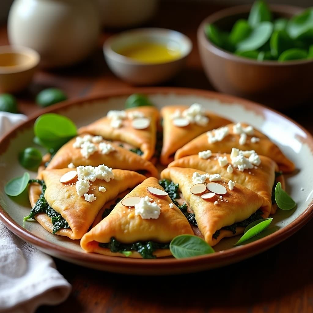 Empanadillas doradas y crujientes de mijo y espinacas con queso de cabra, servidas en una fuente de barro con almendras fileteadas por encima. Receta sin gluten en olla express.