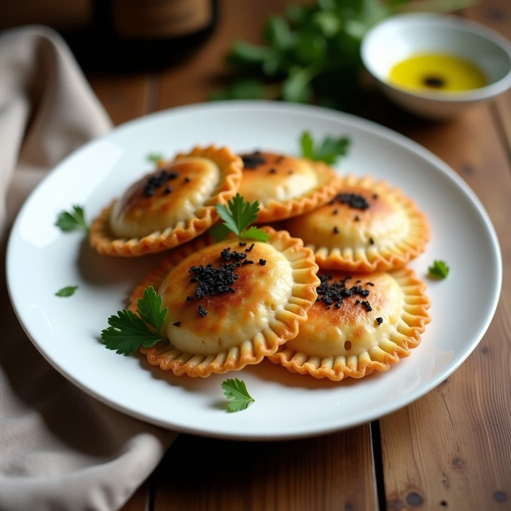 Empanadillas doradas y crujientes de masa de mijo rellenas de setas y trufa, servidas en un plato de porcelana blanca con hierbas frescas y virutas de trufa negra. Receta sin gluten al estilo francés en airfryer.