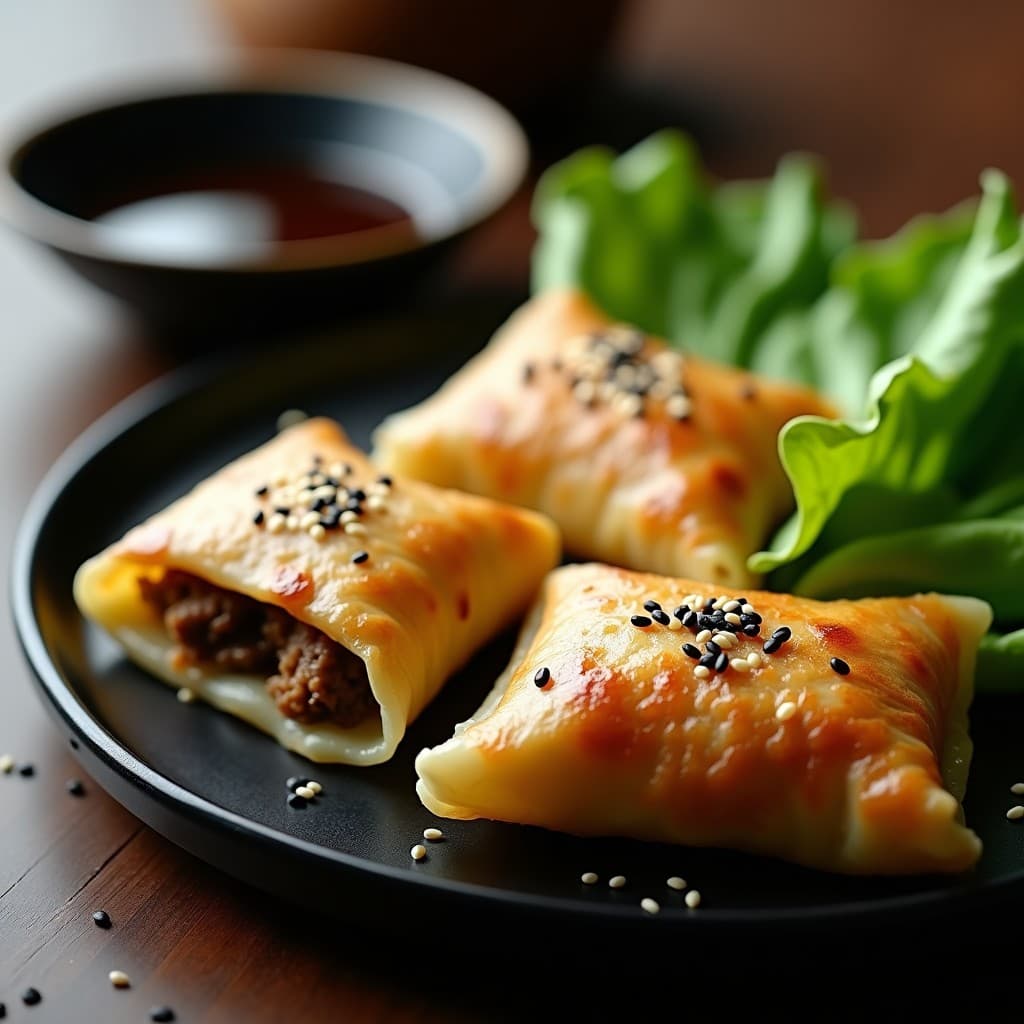 Empanadillas japonesas doradas en airfryer con envoltura de col napa, rellenas de miso y setas shimeji, espolvoreadas con semillas de sésamo negro sobre una bandeja de madera rústica.