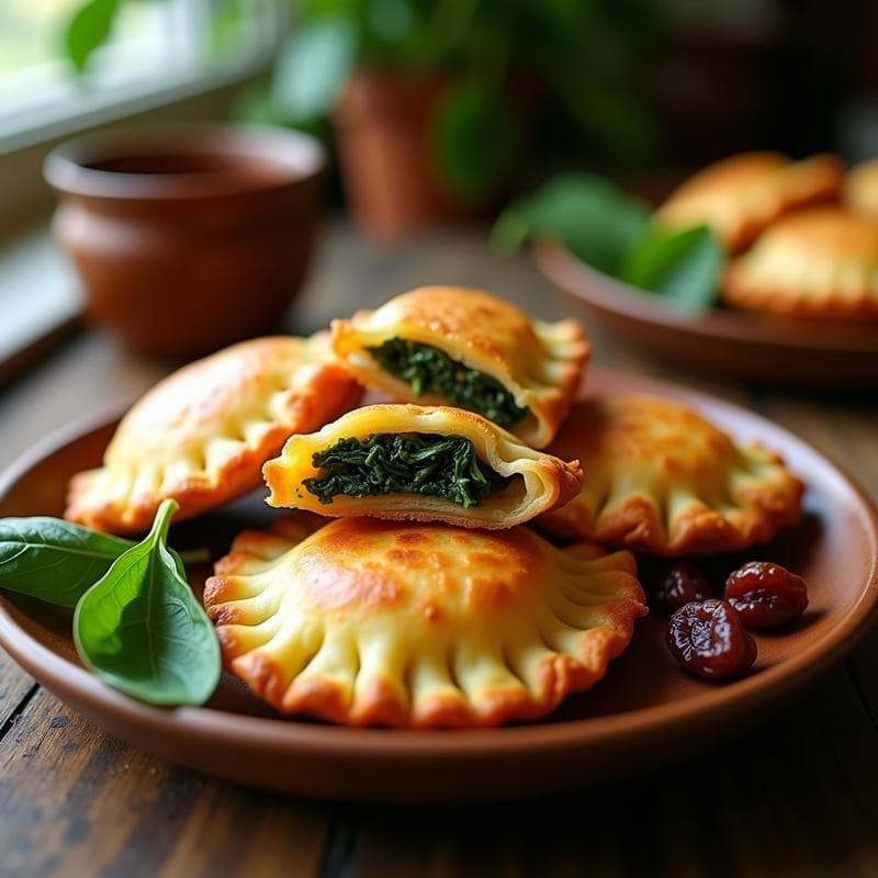 Empanadillas doradas y crujientes de masa de ñame rellenas de espinacas y pasas, servidas en un plato de madera rústico con hojas de espinaca fresca de decoración. Receta colombiana en Airfryer.