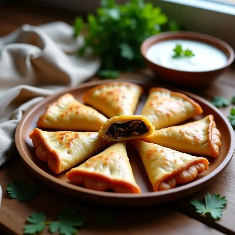 Empanadillas doradas y crujientes de masa de ñame rellenas de hongos ostra, servidas en un plato de madera con hierbas frescas y salsa de yogur al lado. Receta colombiana keto en airfryer.