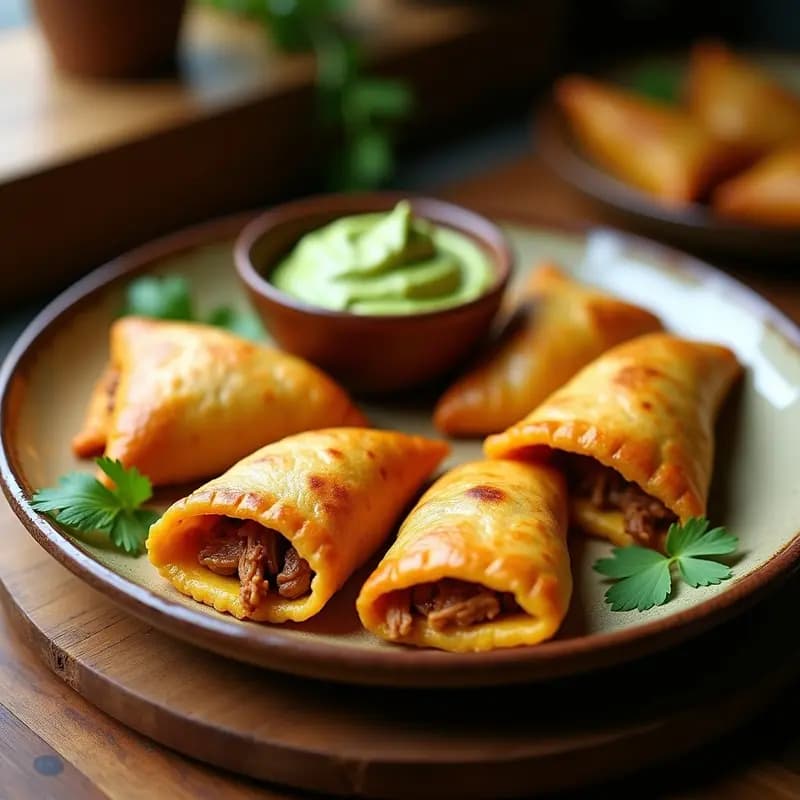 Empanadillas doradas y crujientes de plátano macho rellenas de jackfruit desmenuzado, servidas en un plato rústico de barro con hojas de cilantro y una salsa cremosa de aguacate al lado. Receta colombiana vegana para tupper.