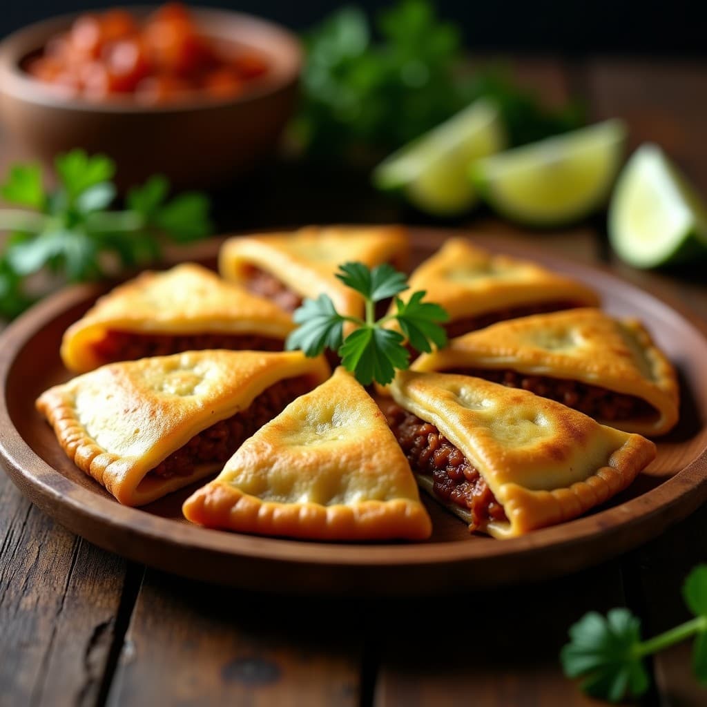 Empanadillas doradas y crujientes de masa de plátano verde rellenas de carne de cerdo adobada, servidas en un plato de madera rústico con hojas de cilantro fresco y rodajas de limón. Receta dominicana en airfryer.
