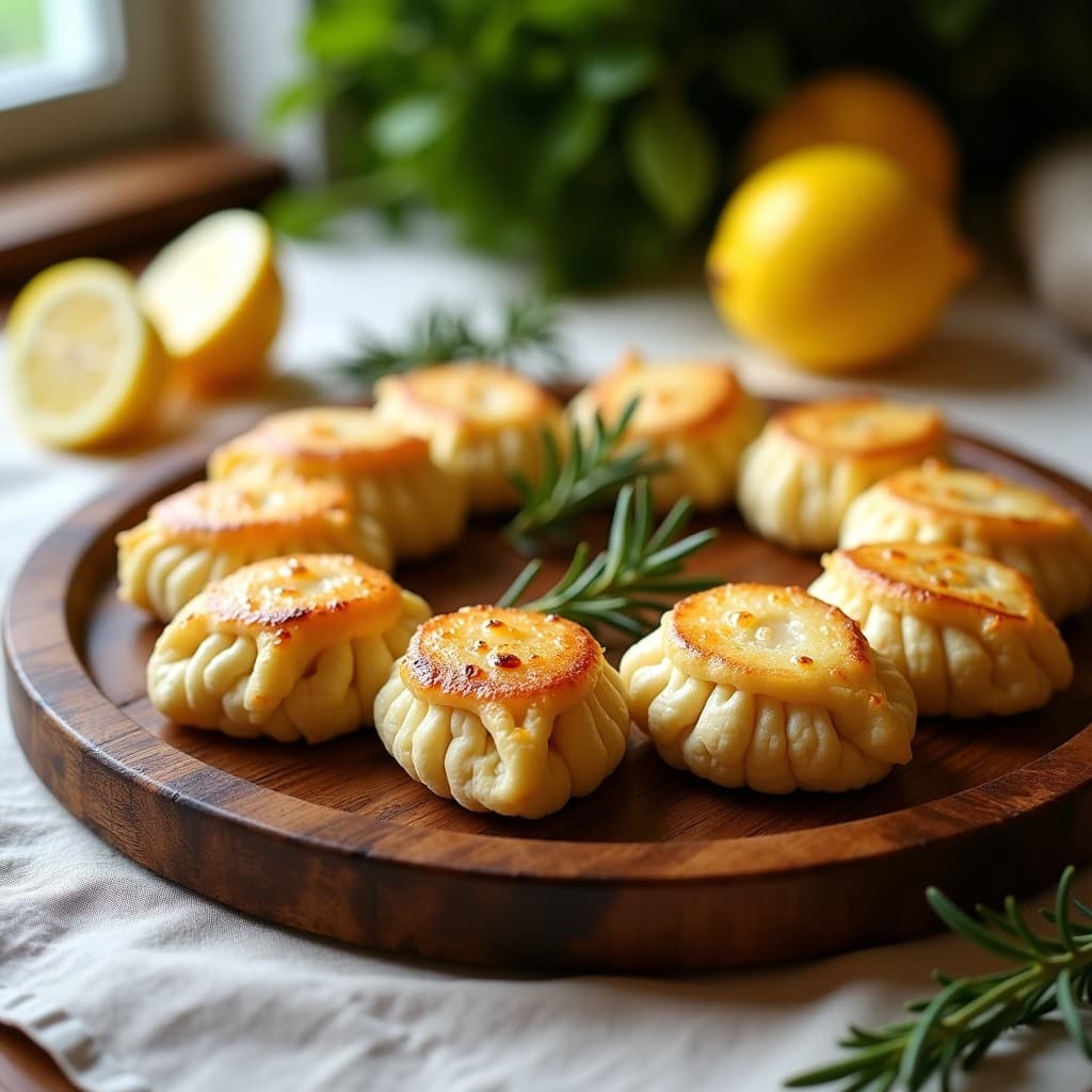 Empanadillas doradas de masa de coliflor rellenas de pollo y aceitunas Taggiasche, servidas en una tabla de madera con romero fresco y limón, receta italiana keto.