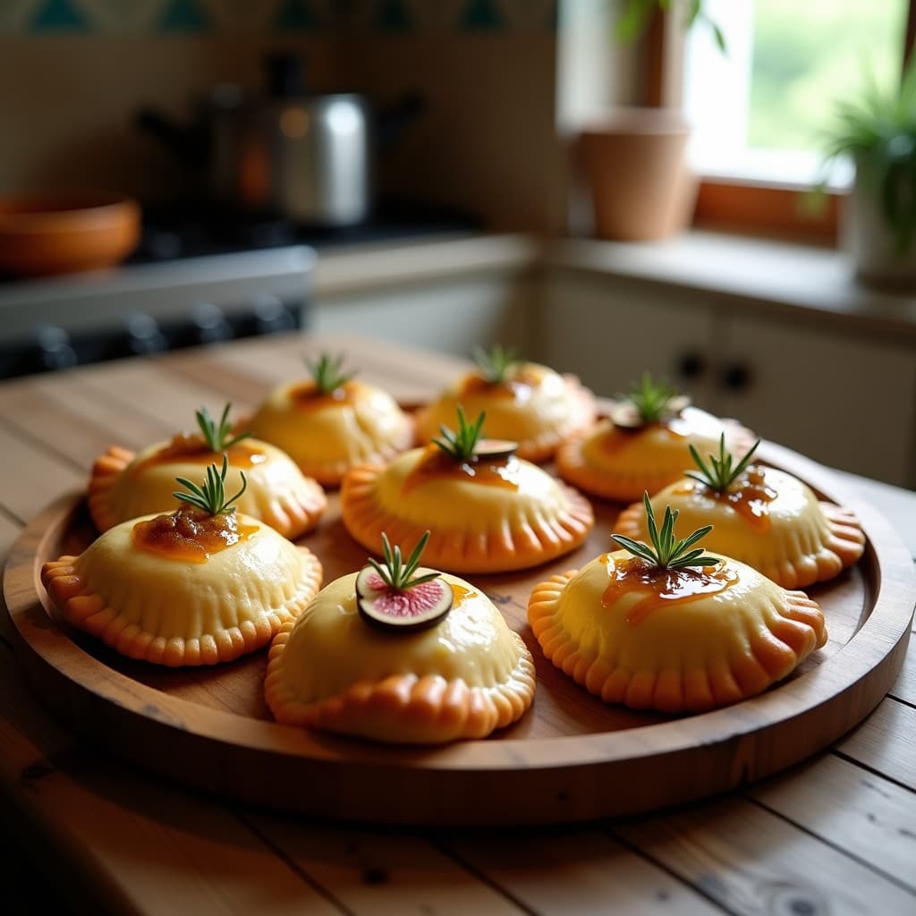 Empanadillas doradas y crujientes rellenas de queso de cabra cremoso y higos caramelizados, servidas en una fuente de madera con un toque de miel y romero fresco.