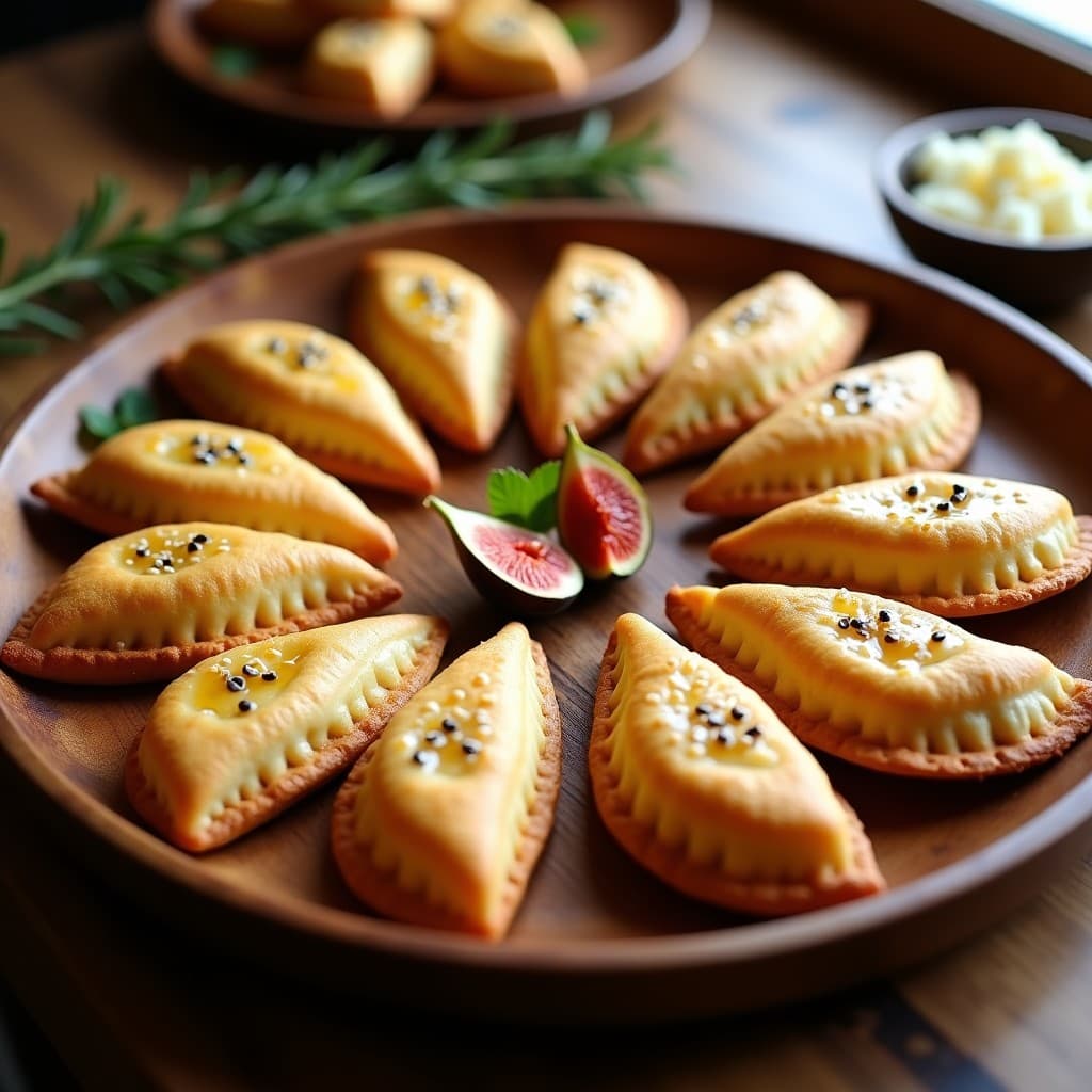 Empanadillas doradas y crujientes de queso de cabra y higos caramelizados sobre masa de almendra, servidas en plato rústico de barro con romero fresco y nueces picadas. Receta española keto y sin gluten.