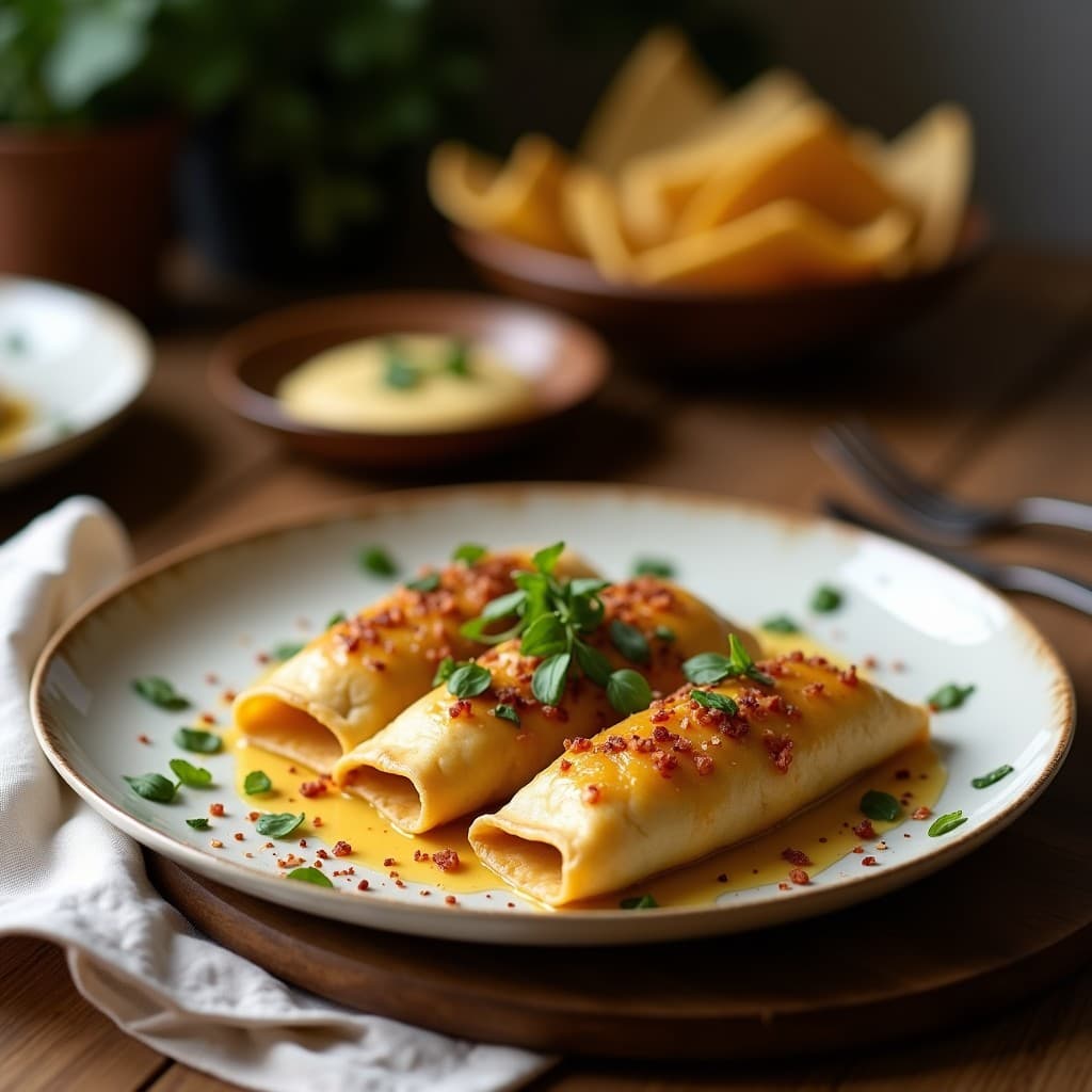 Empanadillas doradas en forma de media luna con borde sellado, rellenas de shitake y espinacas, espolvoreadas con semillas de sésamo, servidas en un plato de cerámica blanca con fondo de madera oscura. Receta china sin gluten.