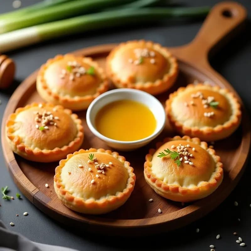 Empanadillas doradas y crujientes de harina de sorgo rellenas de puerros caramelizados, servidas en una bandeja de madera rústica con un bol pequeño de salsa de mostaza y miel. Decoradas con semillas de sésamo y un hilo de miel.
