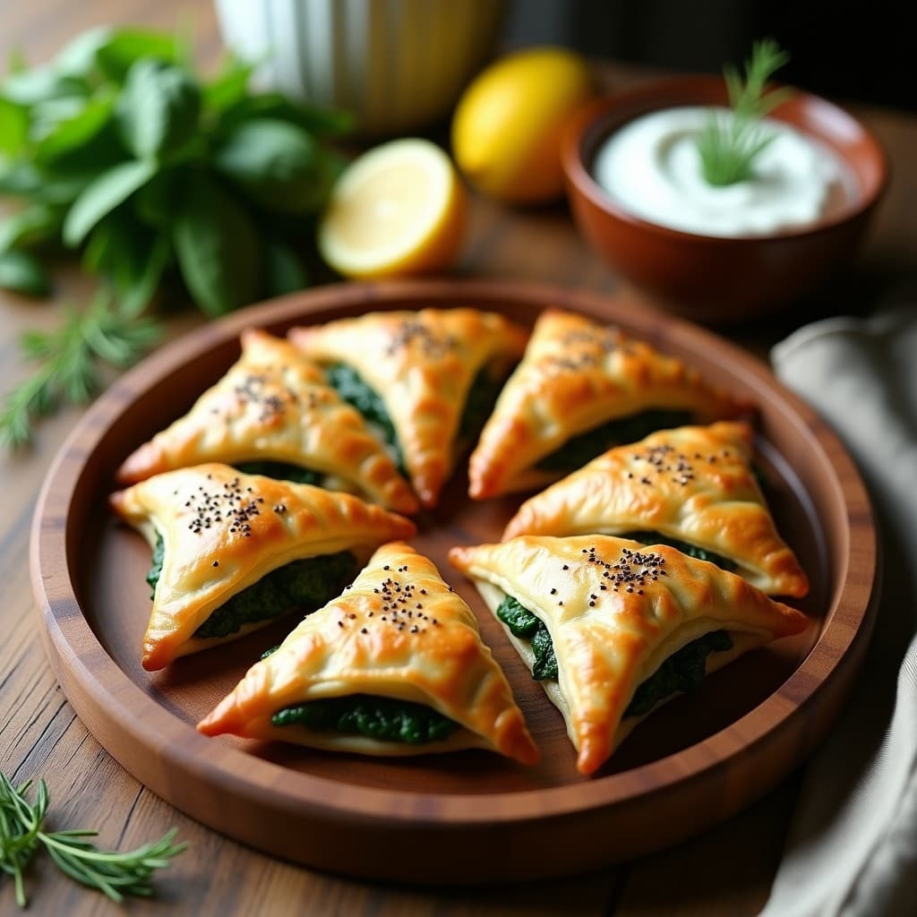 Empanadillas de spanakopita doradas y crujientes con masa de filo integral, rellenas de espinacas y queso feta, servidas en una bandeja de madera con semillas de sésamo negro y rodajas de limón al lado.