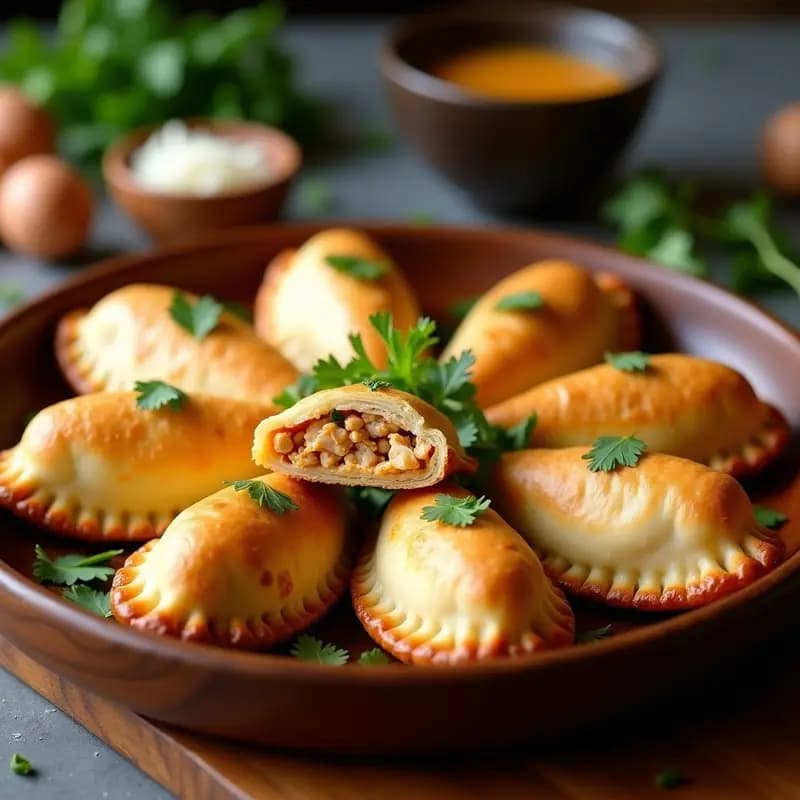 Empanadillas tailandesas doradas y crujientes con relleno de pollo y cacahuete, servidas en una bandeja de madera con cilantro fresco y salsa de soja.