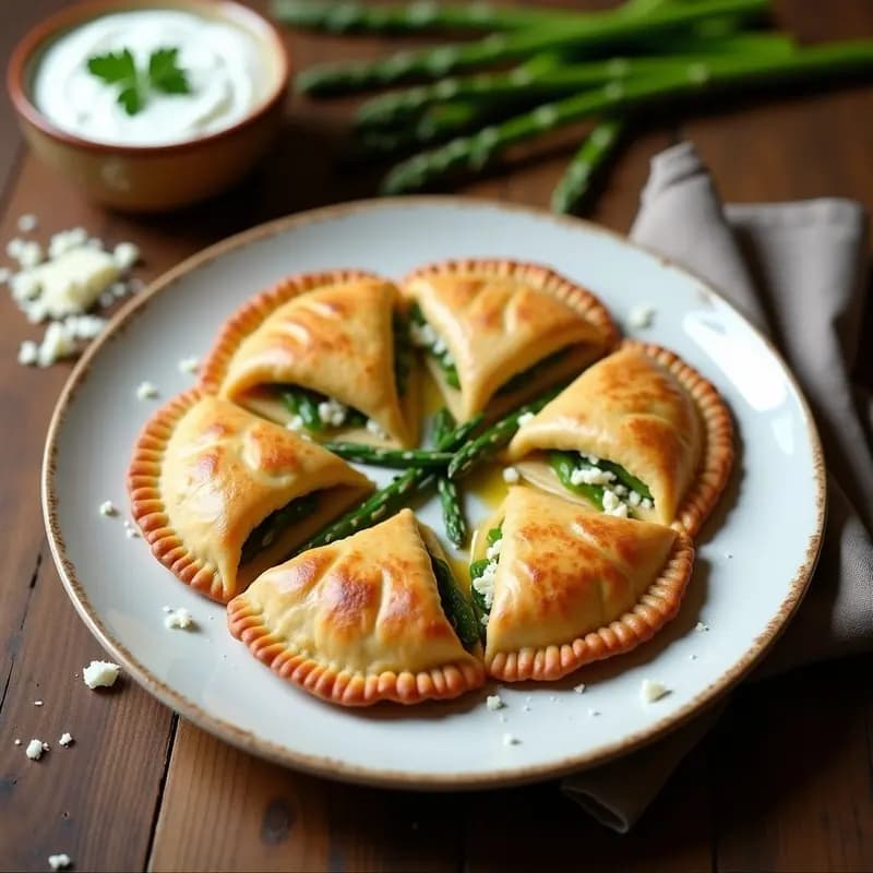 Empanadillas doradas de harina de trigo sarraceno rellenas de espárragos trigueros y queso de oveja, servidas en una fuente de cerámica blanca con perejil fresco y un bol de yogur griego para mojar.