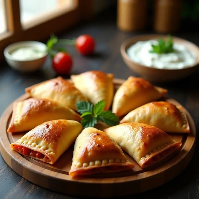 Bandeja de madera con empanadillas de ventresca y tomate seco doradas y crujientes, receta canaria en Thermomix, servidas con salsa de yogur y perejil fresco.