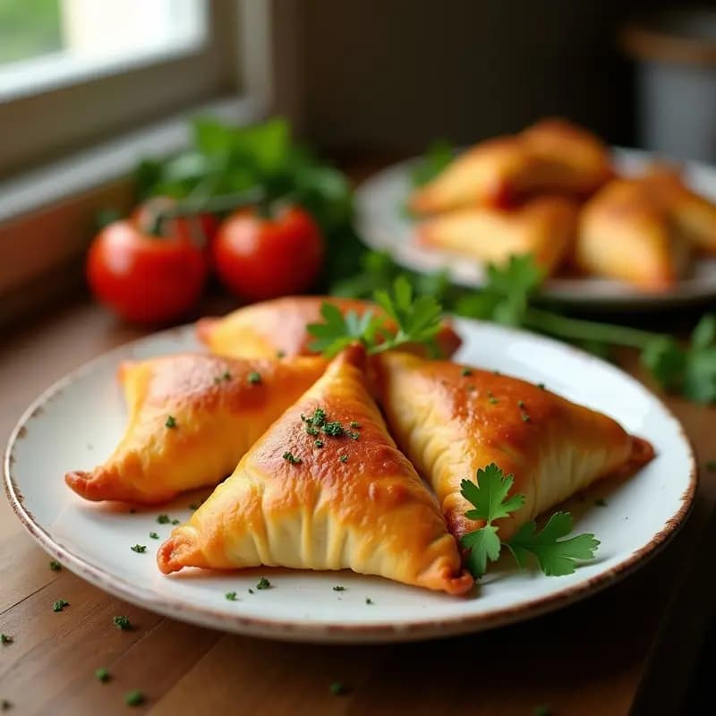 Empanadillas doradas y crujientes rellenas de ventresca de atún y tomate, dispuestas en un plato blanco rústico con perejil fresco espolvoreado. Aperitivo andaluz tradicional en primer plano, con fondo desenfocado de cocina.