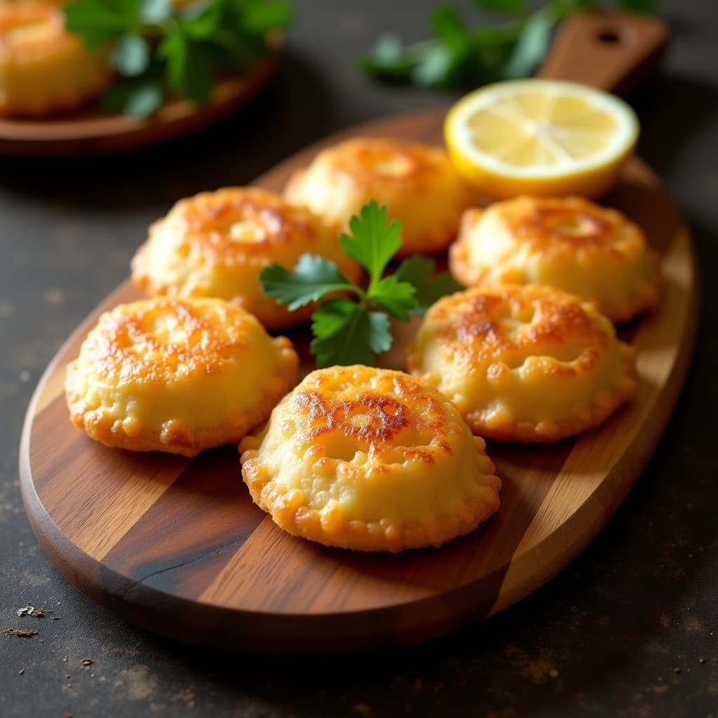 Empanadillas doradas y crujientes de yuca y carnaza de almendras, dispuestas en una bandeja de madera con hojas de cilantro fresco y rodajas de limón. Receta colombiana sin harina en airfryer.
