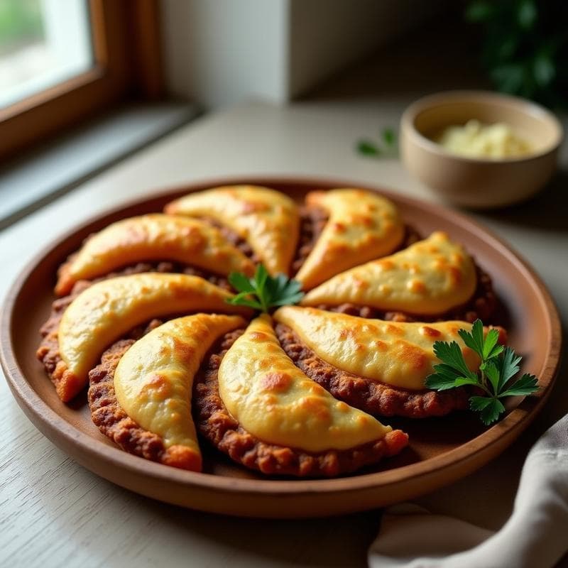 Empanadillas doradas de masa de yuca con relleno de carne molida y aceitunas, servidas en un plato de madera rústico con hojas de perejil fresco. Receta uruguaya en airfryer, crujientes por fuera y jugosas por dentro.