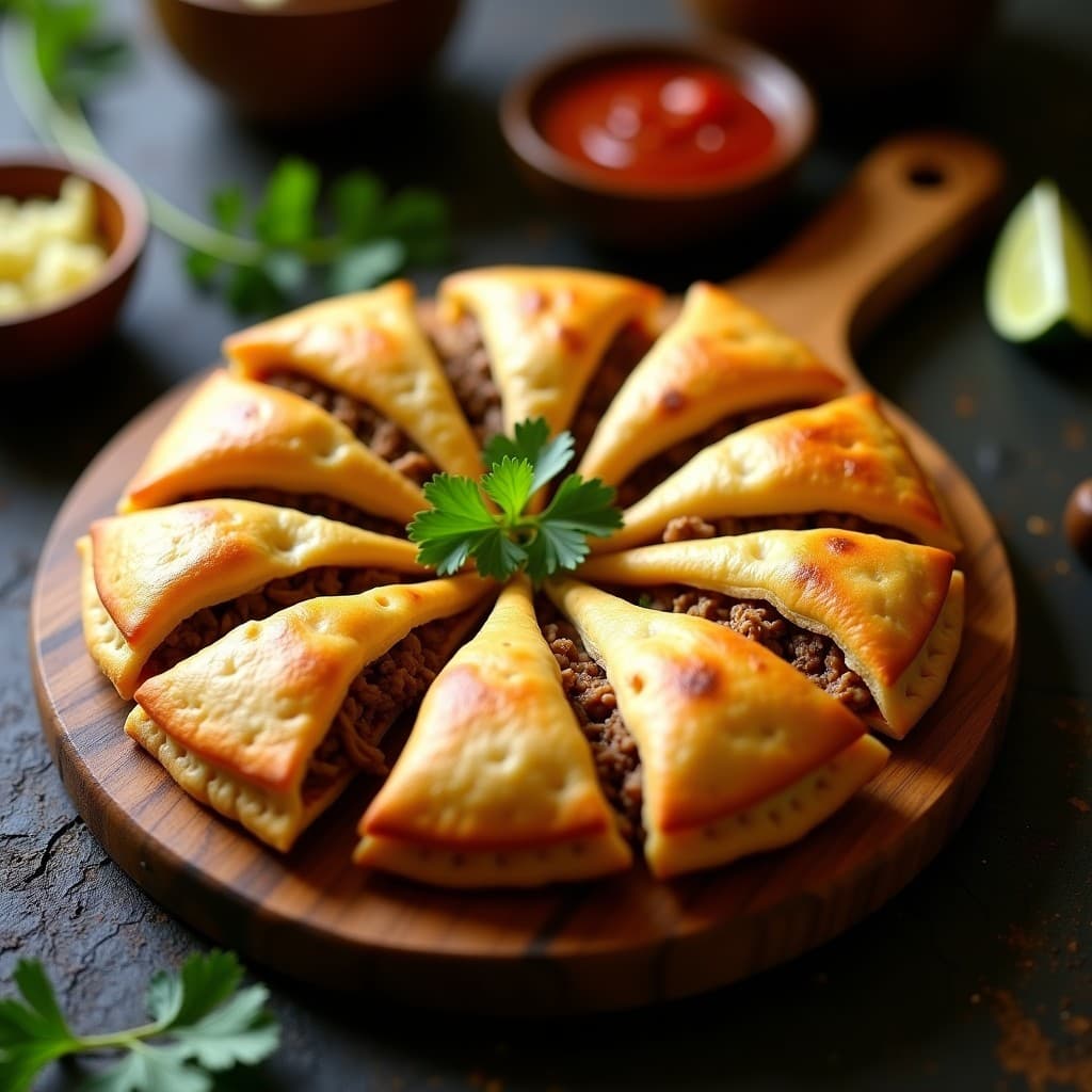 Empanadillas doradas y crujientes de yuca rellenas de carne mechada y queso de oveja, servidas en una bandeja de madera rústica con hierbas frescas de decoración. Receta colombiana sin harina.