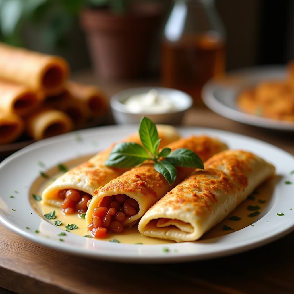 Empanadillas doradas y crujientes de yuca y chorizo ibérico dispuestas en un plato de madera rústico, con un fondo de hierbas frescas y una salsa de yogur al lado. Receta española en airfryer sin aceite.
