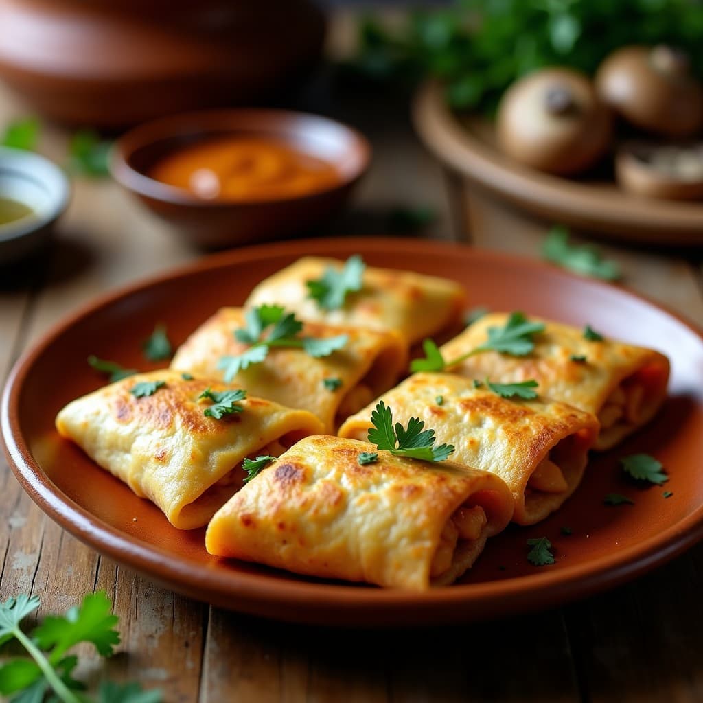 Empanadillas doradas de yuca y hongos portobello keto servidas en un plato de barro, con un fondo rústico y hierbas frescas. Receta colombiana en olla lenta.