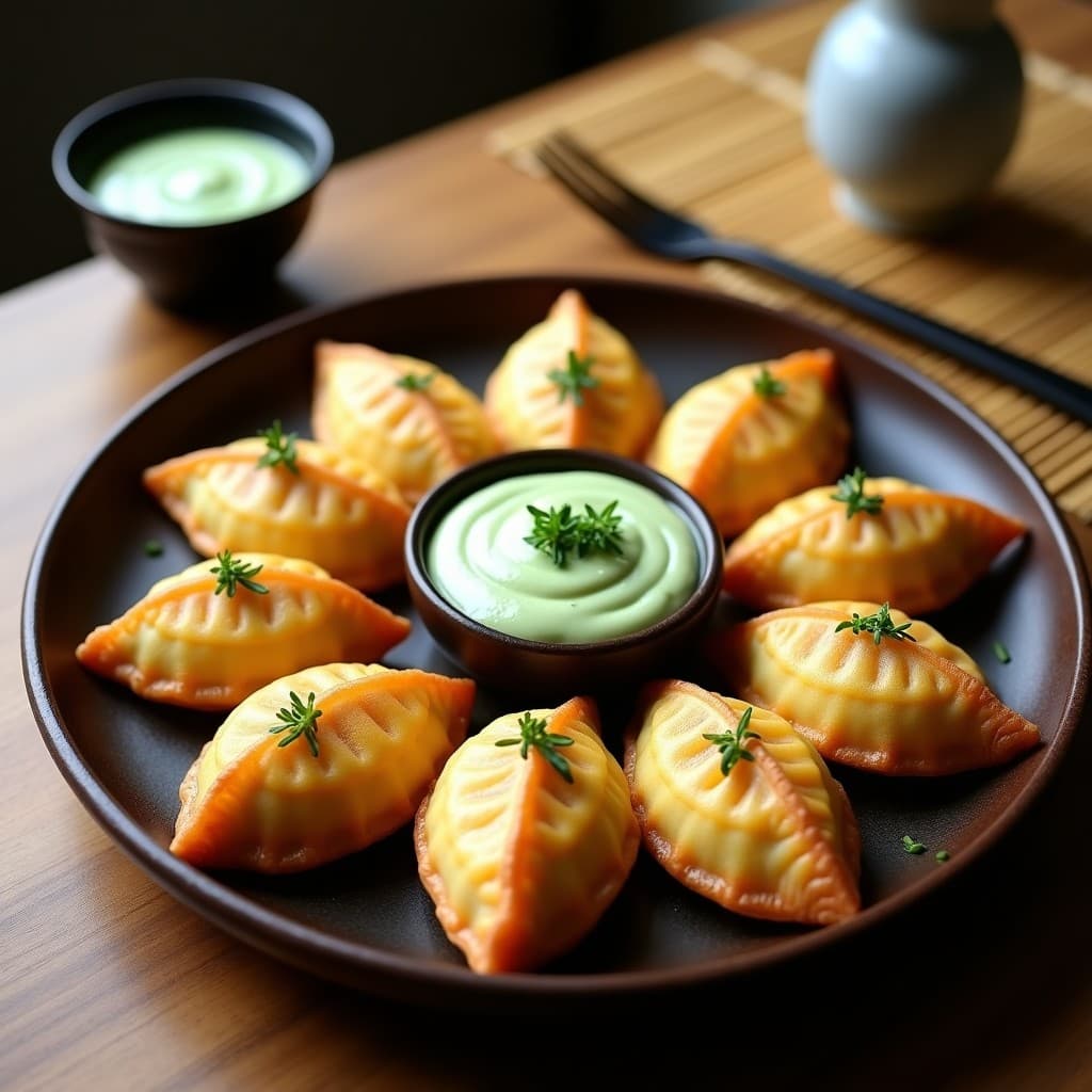 Empanadillas doradas y crujientes de masa de yuca rellenas de pescado ahumado vegano, servidas en un plato de madera oscuro con crema de wasabi verde pálido y decoradas con cebollino picado y copos de nori, receta vegana inspirada en Japón.