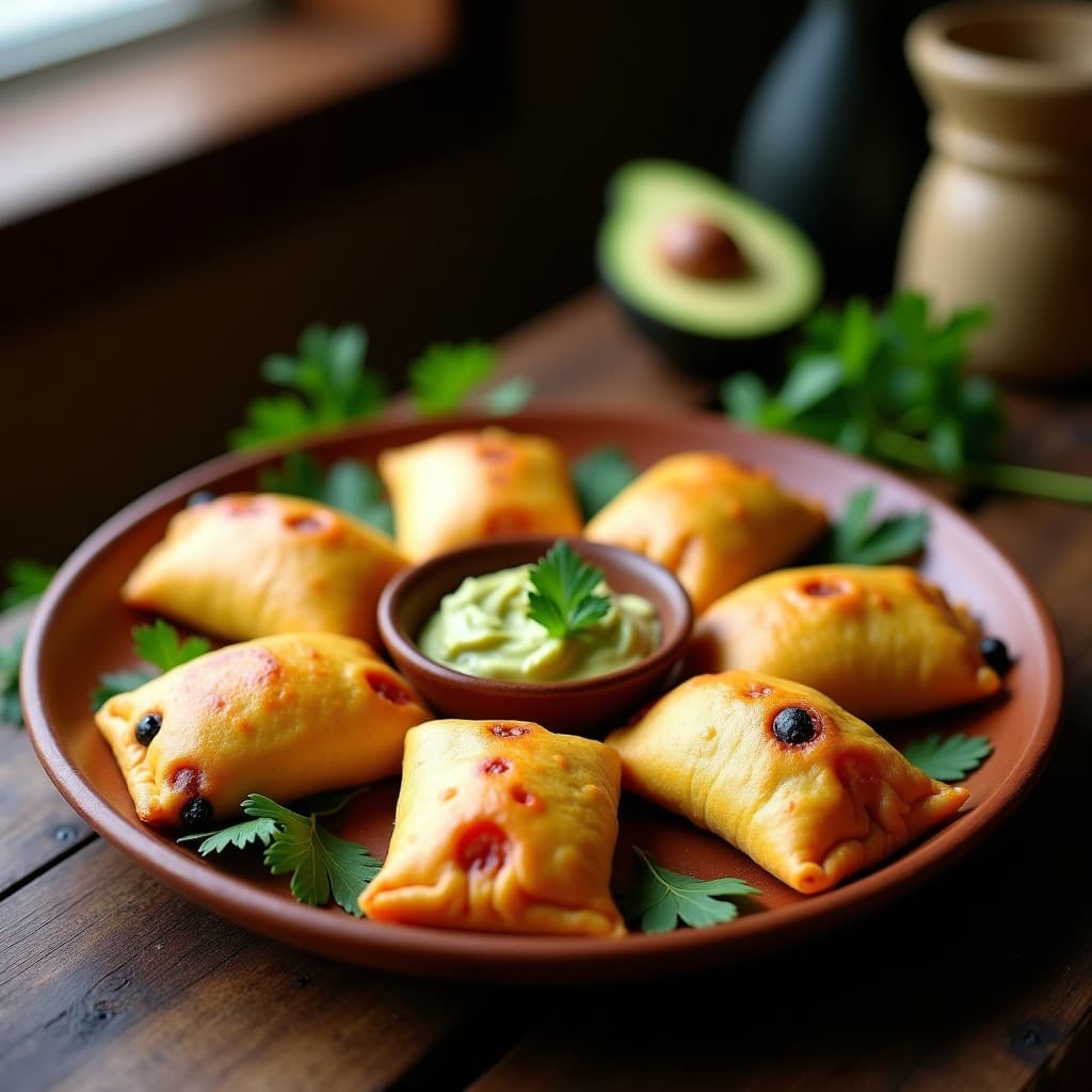 Empanadillas doradas y crujientes de yuca rellenas de picadillo de soja texturizada, servidas en un plato de cerámica blanca con hojas de cilantro fresco y una salsa cremosa al lado. Receta vegana y sin harina.