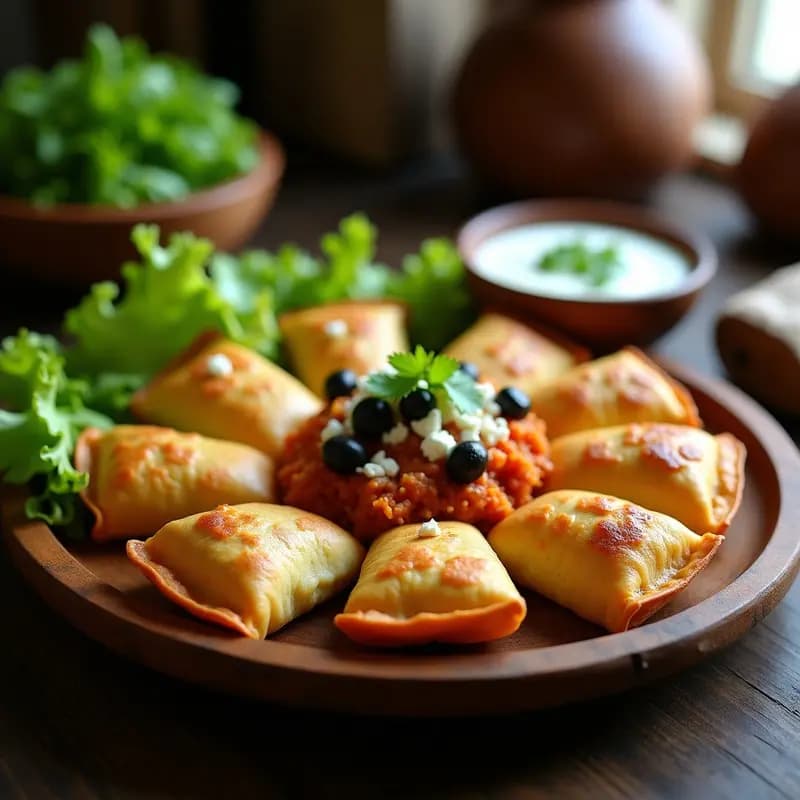 Empanadillas doradas de masa de yuca rellenas de pollo al ají panca, servidas en una fuente de madera con hojas de lechuga y salsa de yogur al lado, receta peruana en Thermomix.
