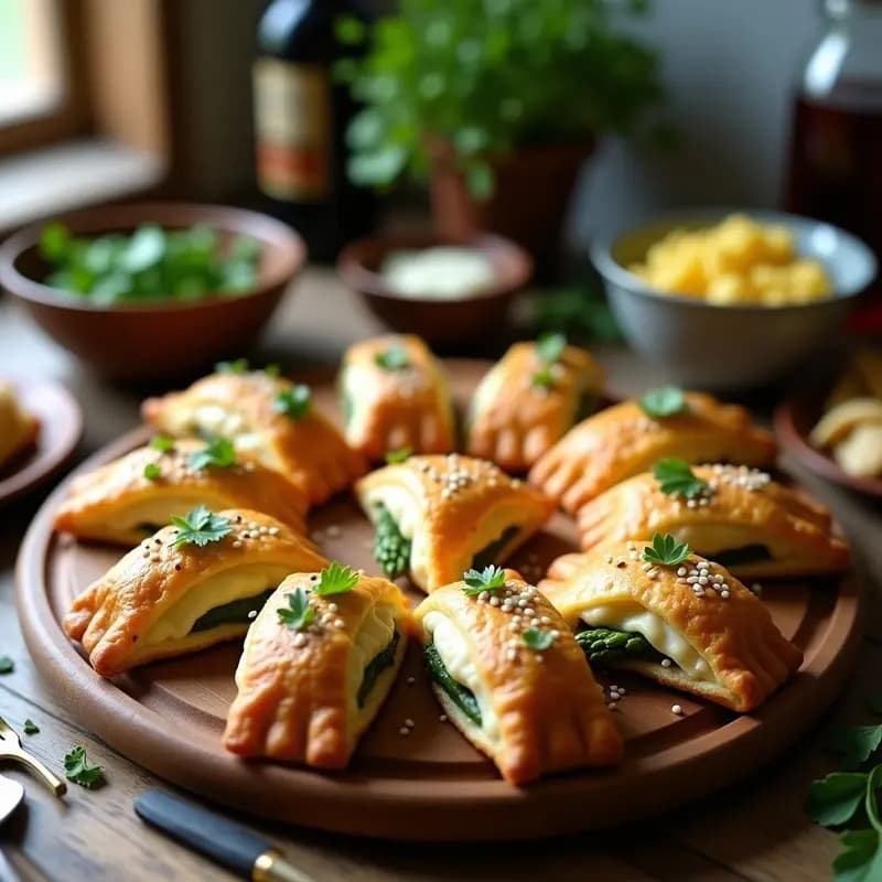 Empanaditas doradas y crujientes de masa de alcachofa rellenas de espárragos trigueros y queso de oveja, servidas en una bandeja de madera con semillas de sésamo espolvoreadas y perejil fresco, receta italiana keto baja en carbohidratos.