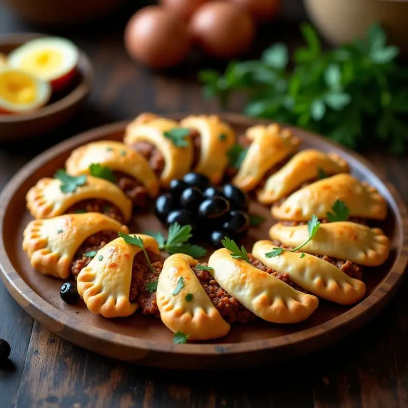 Empanaditas argentinas doradas con masa de mandioca sin gluten, rellenas de carne picada especiada y huevo duro, servidas en una bandeja de madera con perejil fresco.