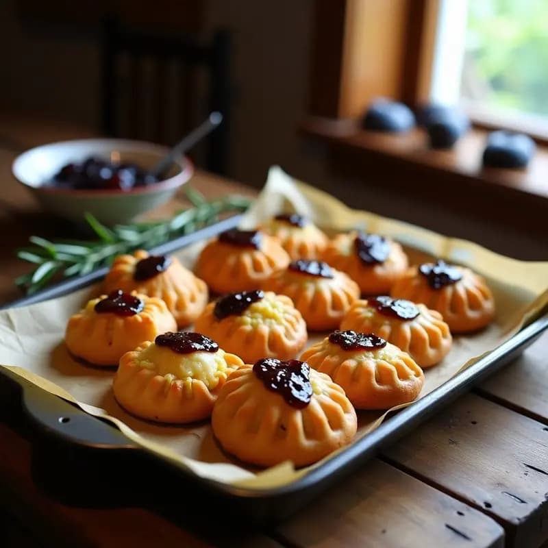 Empanaditas doradas de masa de camote rellenas de queso de oveja y mermelada de higo negro, servidas en bandeja de madera con almendras fileteadas, receta griega para tupper.
