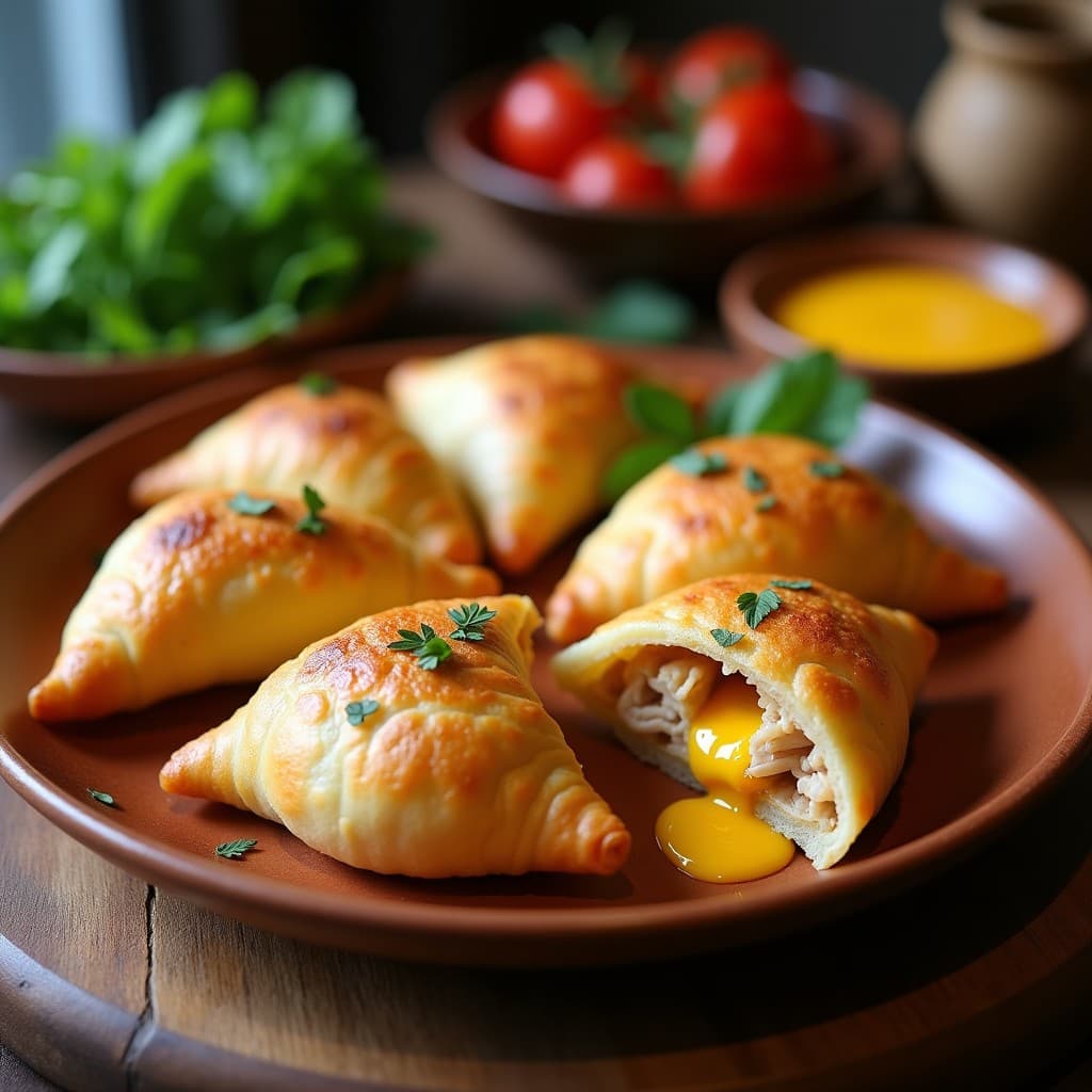 Empanaditas doradas de masa de cañihua rellenas de pollo y queso, con textura crujiente y jugosa, servidas en un plato de barro con fondo de ají amarillo. Receta peruana en airfryer.