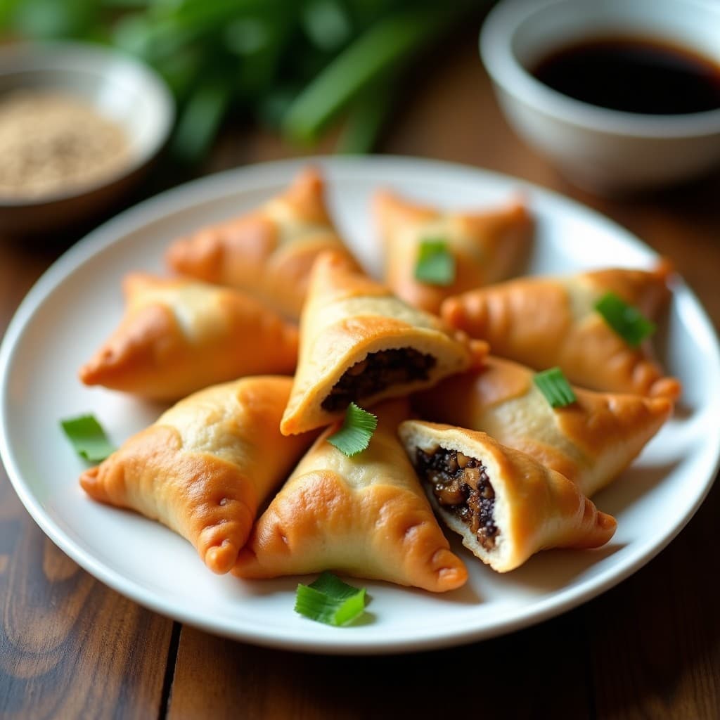 Empanaditas doradas y crujientes de masa de arroz rellenas de hongos shiitake y cebollino, servidas en plato blanco con salsa de soja, receta china sin gluten.