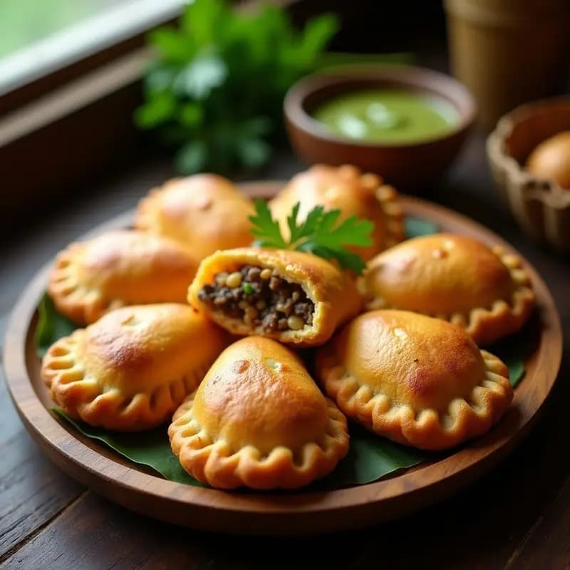Empanaditas doradas y crujientes de masa de ñame rellenas de picadillo de hongos shiitake, dispuestas en una fuente de madera con hierbas frescas, receta cubana vegana en airfryer.