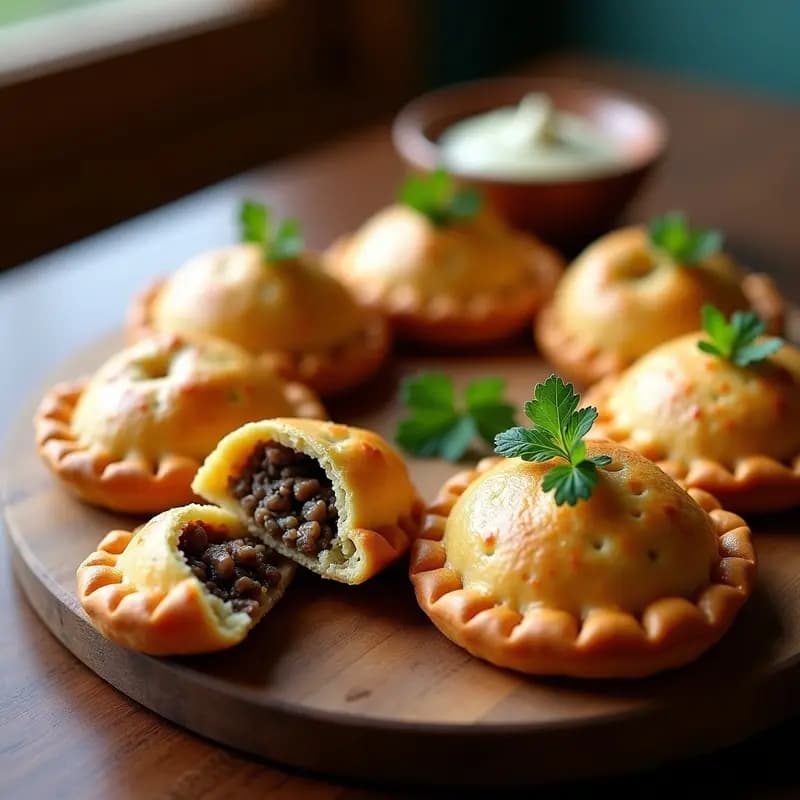 Empanaditas doradas de masa de quinoa rellenas de hongos portobello y trufa, servidas en bandeja de madera rústica con perejil fresco espolvoreado y salsa de yogur al lado. Receta peruana vegana al horno.