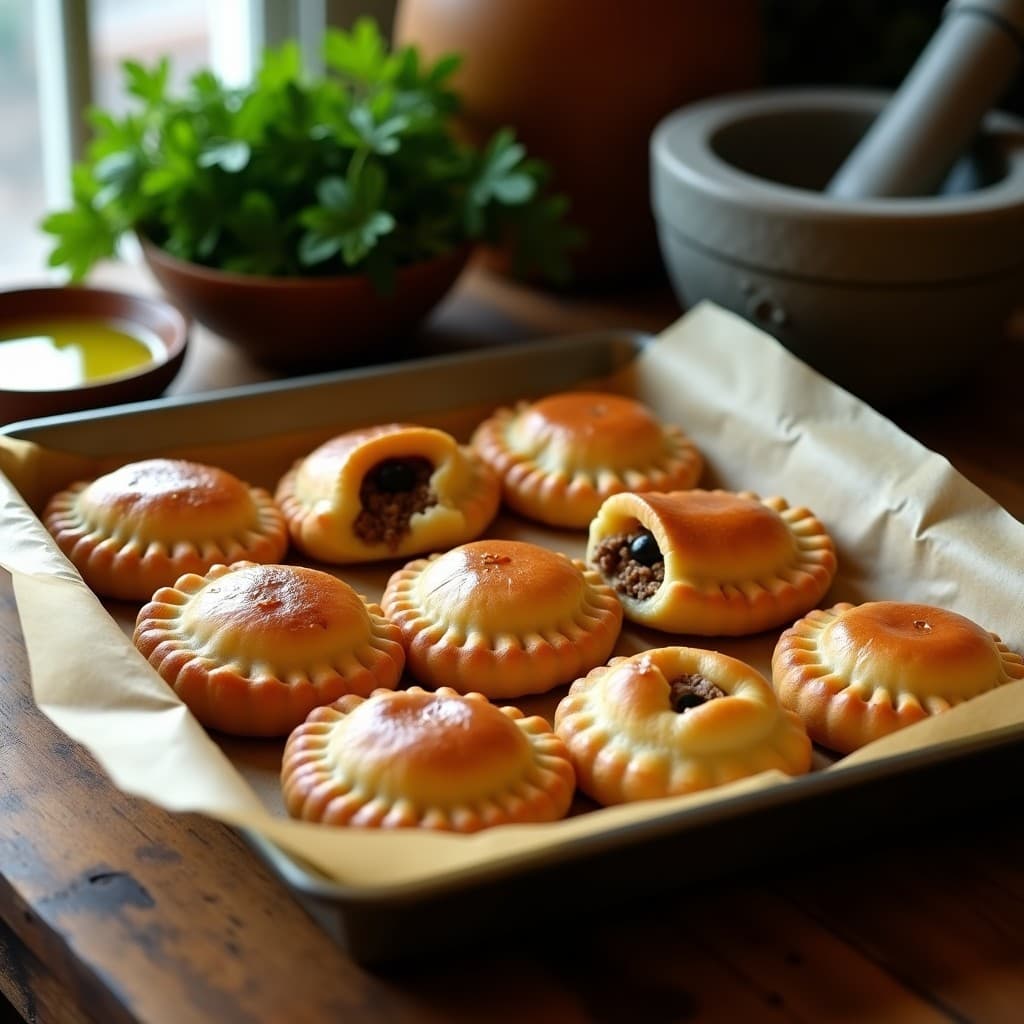 Empanaditas doradas de masa de yuca rellenas de carne molida y aceitunas, dispuestas en una bandeja de horno con papel vegetal, receta argentina sin gluten.
