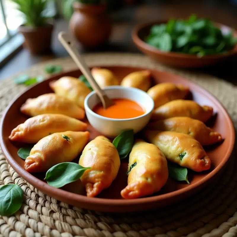 Empanaditas doradas de yuca y espinacas servidas en plato de barro con salsa de achiote naranja en un cuenco pequeño, receta colombiana sin gluten en olla express.