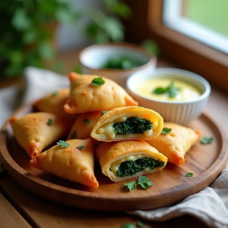Empanaditas doradas y crujientes de yuca rellenas de espinacas y queso de mandioca, servidas en una bandeja de madera rústica con hojas de perejil fresco y un cuenco pequeño de salsa al lado.