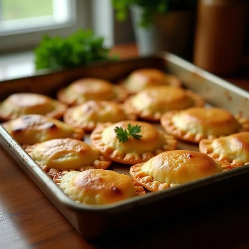 Bandeja de horno con empanaditas doradas de masa de yuca rellena de hongos ostra y queso de castañas, servidas sobre papel de horno con perejil fresco espolvoreado.